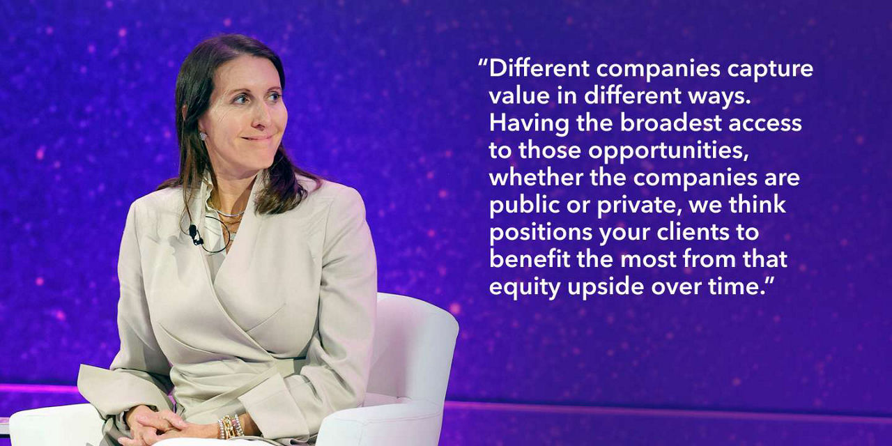 Jessica Spaly, Equity Portfolio Manager, Capital Group, seated and smiling. "Industry by industry, different companies capture value in different ways. Having the broadest access to those opportunities, whether the companies are public or private, we think positions your clients to benefit the most from that equity upside over time."