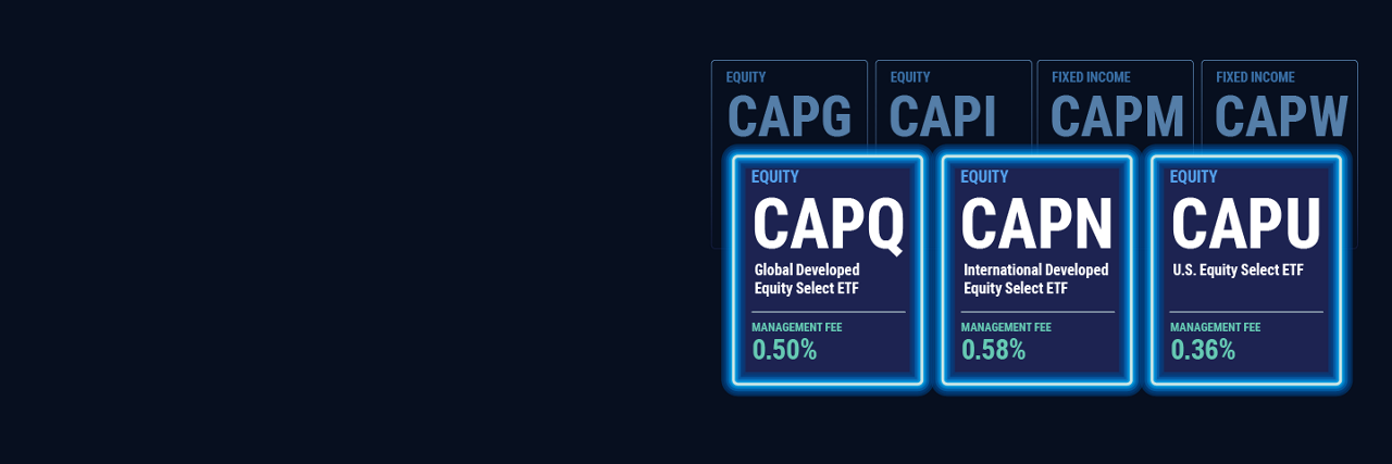 Graphic highlights three new Capital Group equity ETFs: CAPQ (Global Developed Equity Select ETF) with a 0.50% management fee, CAPN (International Developed Equity Select ETF) with a 0.58% management fee, and CAPU (U.S. Equity Select ETF) with a 0.36% management fee. Existing ETFs CAPG, CAPI, CAPM and CAPW are shown behind them.