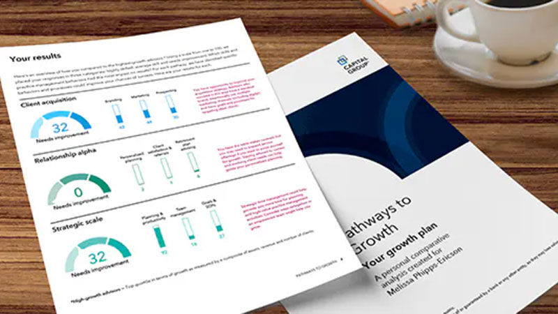 An image of a document saying "your results." A second document underneath it says "pathways to growth."