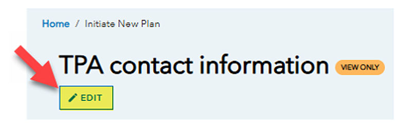 Close-up of red arrow pointing to the Edit button under the TPA Contact Information section