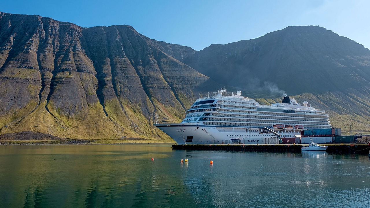 cruiseship docked in Norweigan fjords